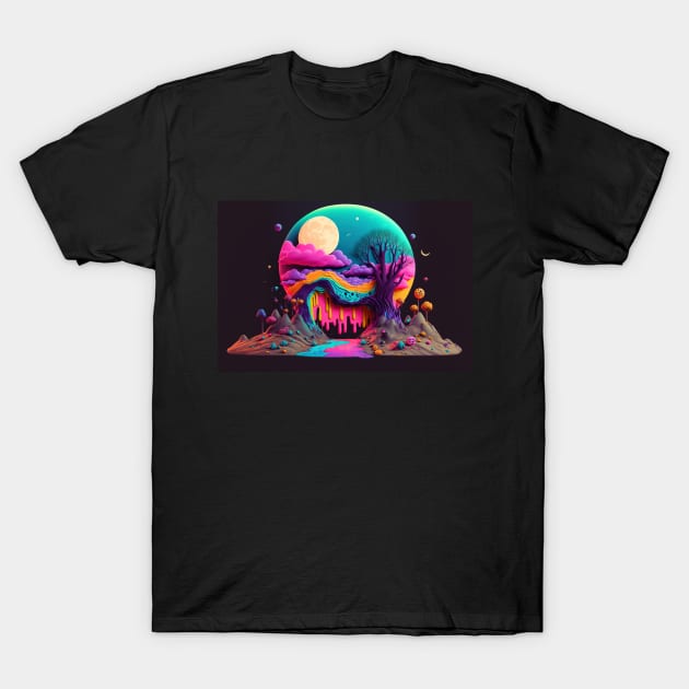 Spooky Full Moon Psychedelic Landscape - Paint Dripping 3D Illustration - Colorful Haunted Nature Scene T-Shirt by JensenArtCo